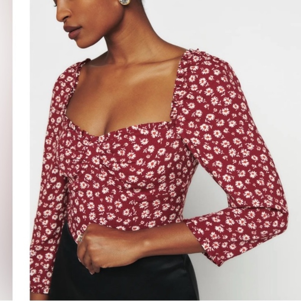 Reformation Meriah Peasant Top in Red Cary Floral Cottagecore sz 2 - Picture 2 of 16